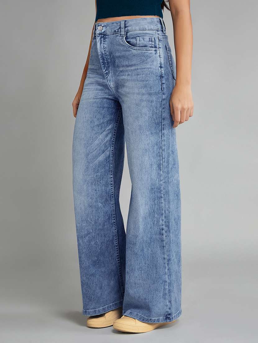 women solid high rise wide leg jeans