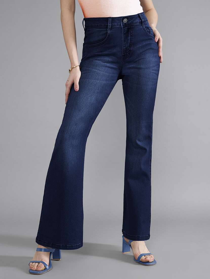women solid high rise bootcut jeans