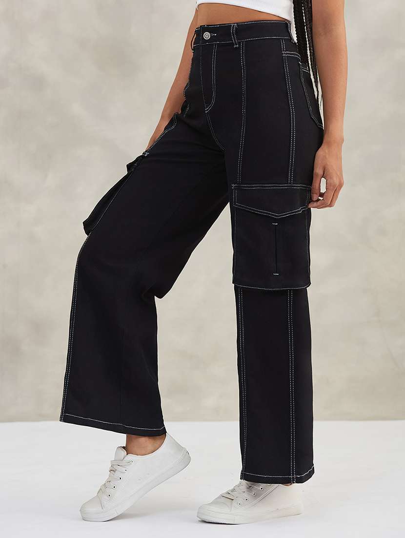 women solid high rise denim cargo