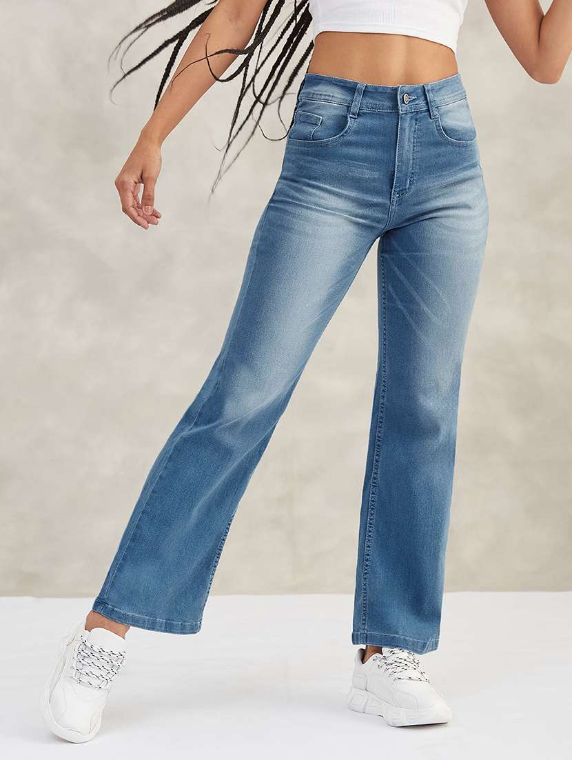 women solid high rise bootcut jeans