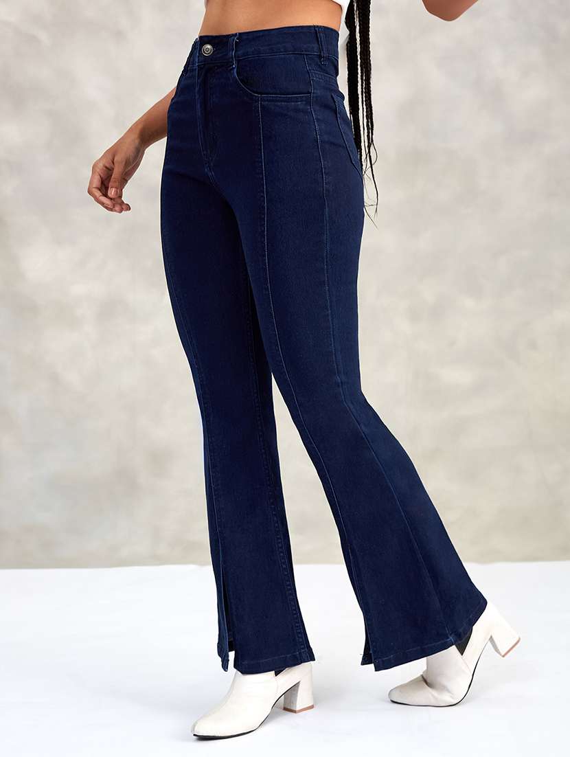 women solid high rise bootcut jeans