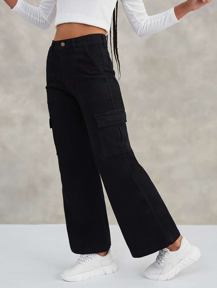 women solid high rise denim cargo
