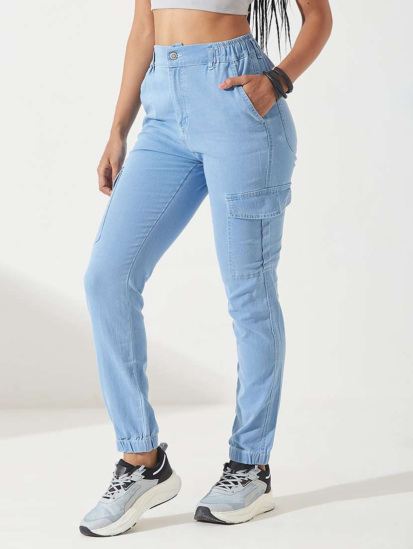 women solid high rise denim cargo