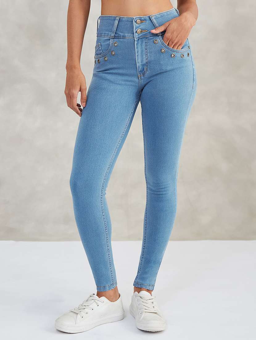 women solid high rise skinny jeans