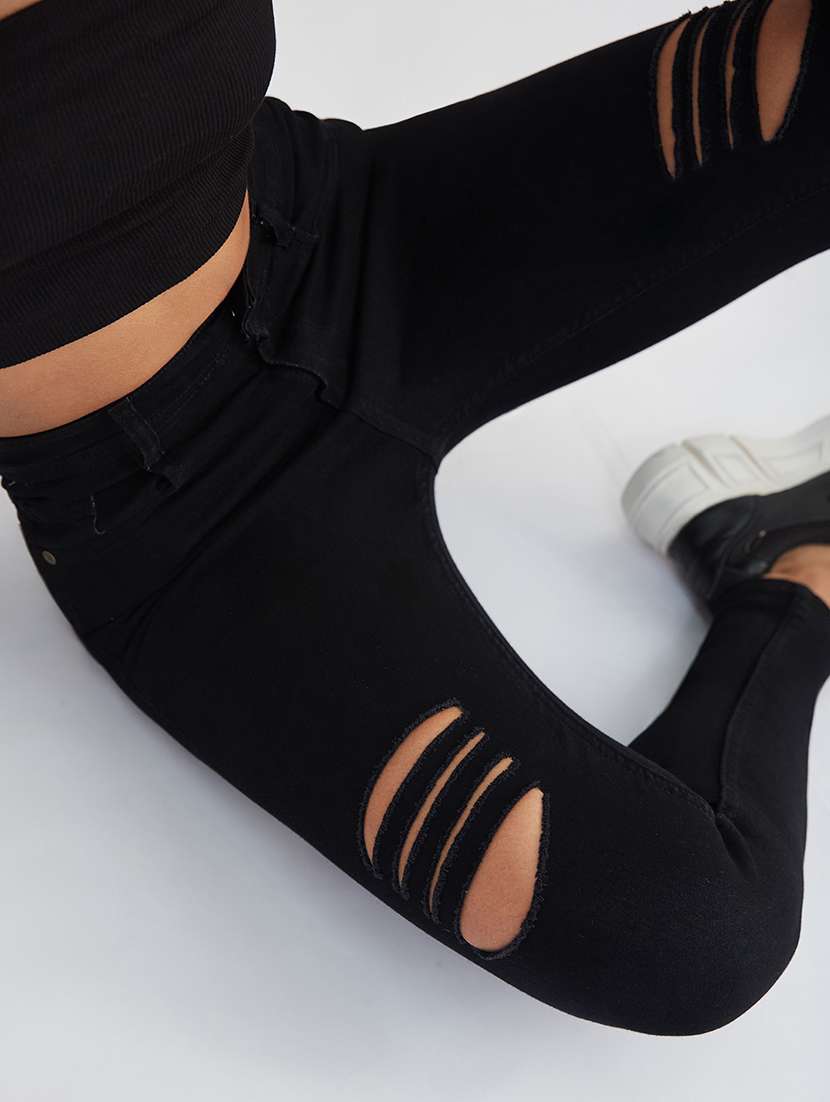 women slash knee high rise skinny jeans - 22385211 -  Standard Image - 3
