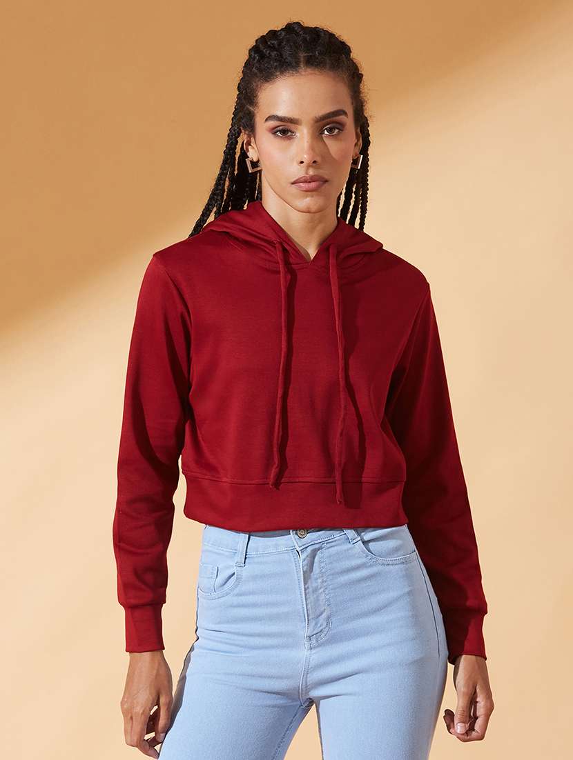 women solid long sleeve hooded crop sweatshirt