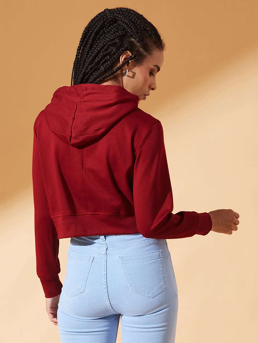 women solid long sleeve hooded crop sweatshirt - 22385241 -  Standard Image - 3