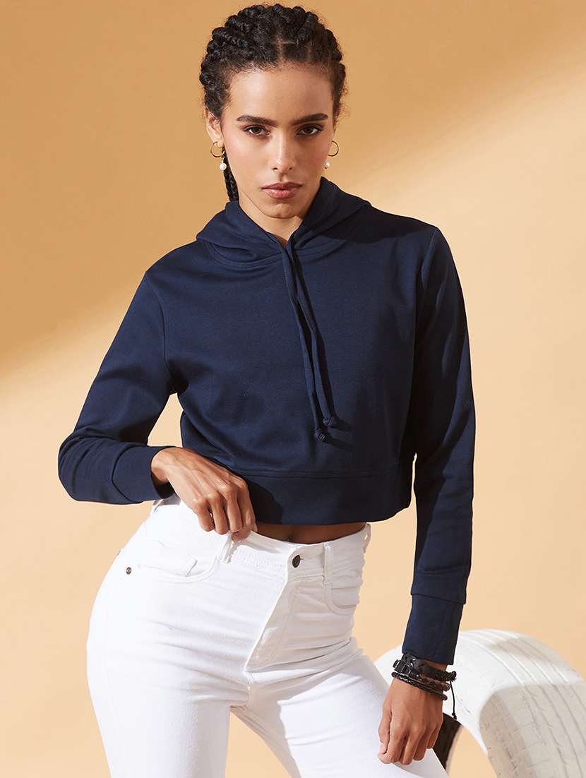 women solid long sleeve hooded crop sweatshirt