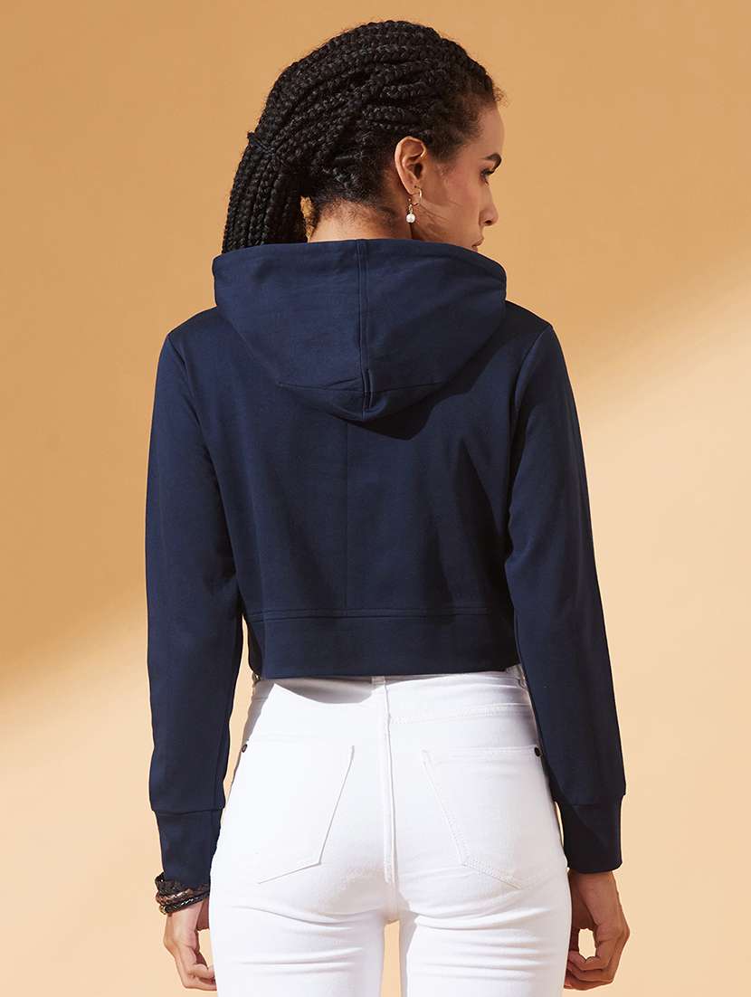 women solid long sleeve hooded crop sweatshirt - 22385242 -  Standard Image - 3