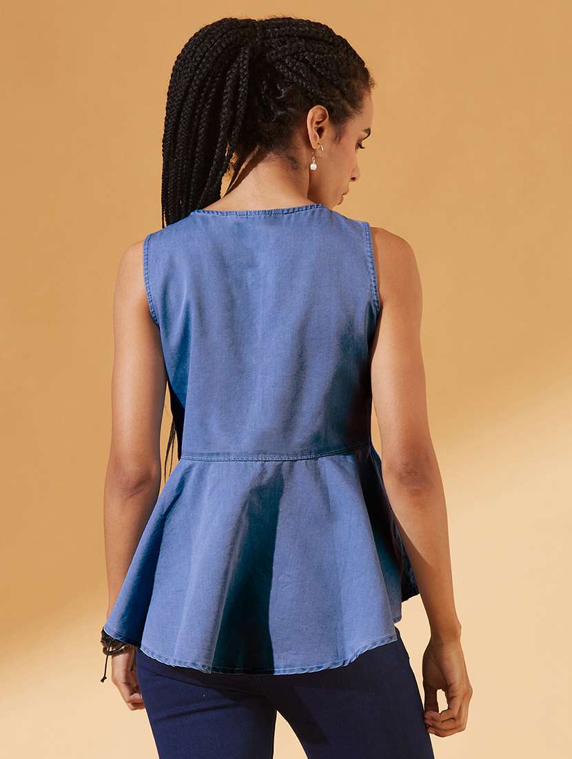 women solid sleeveless denim peplum top - 22385244 -  Standard Image - 3