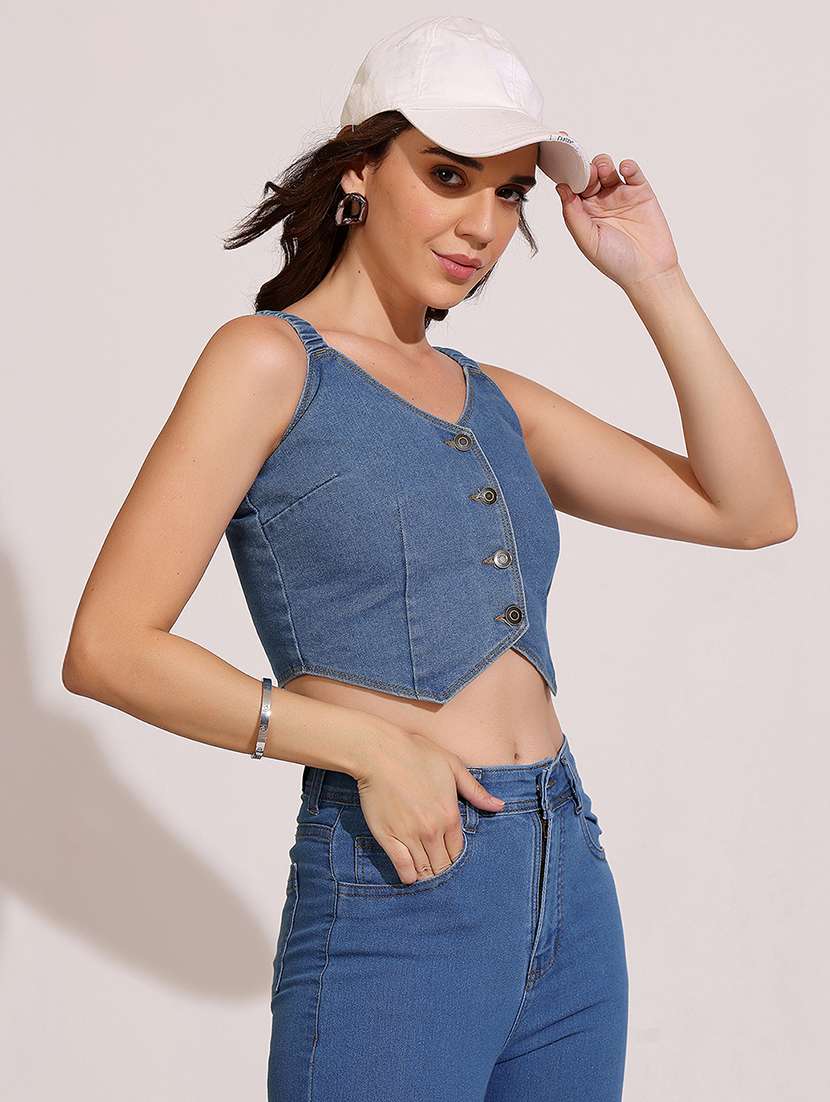women solid sleeveless denim vest top - 22385245 -  Standard Image - 3