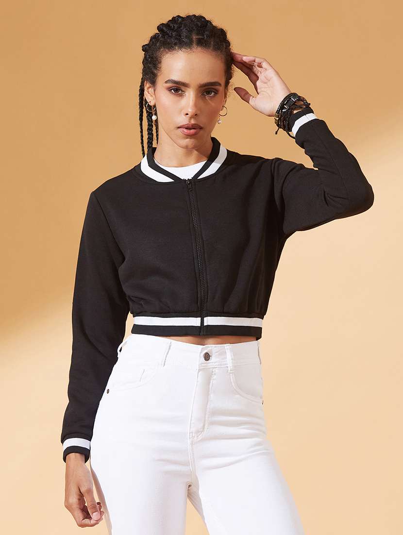 women solid long sleeve cropped bomber jacket