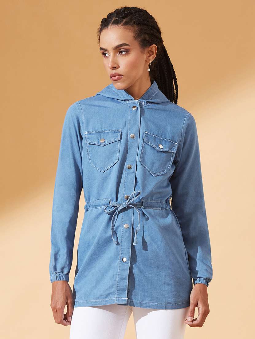 women solid long sleeve hooded denim jacket