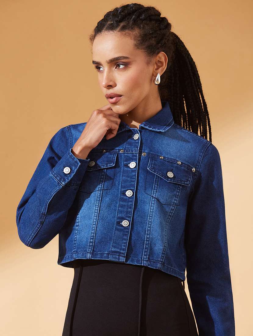 women solid long sleeve crop denim jacket
