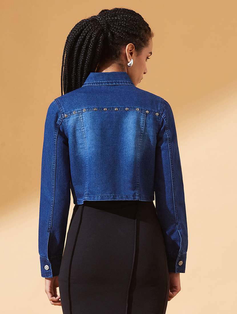 women solid long sleeve crop denim jacket - 22385249 -  Standard Image - 3