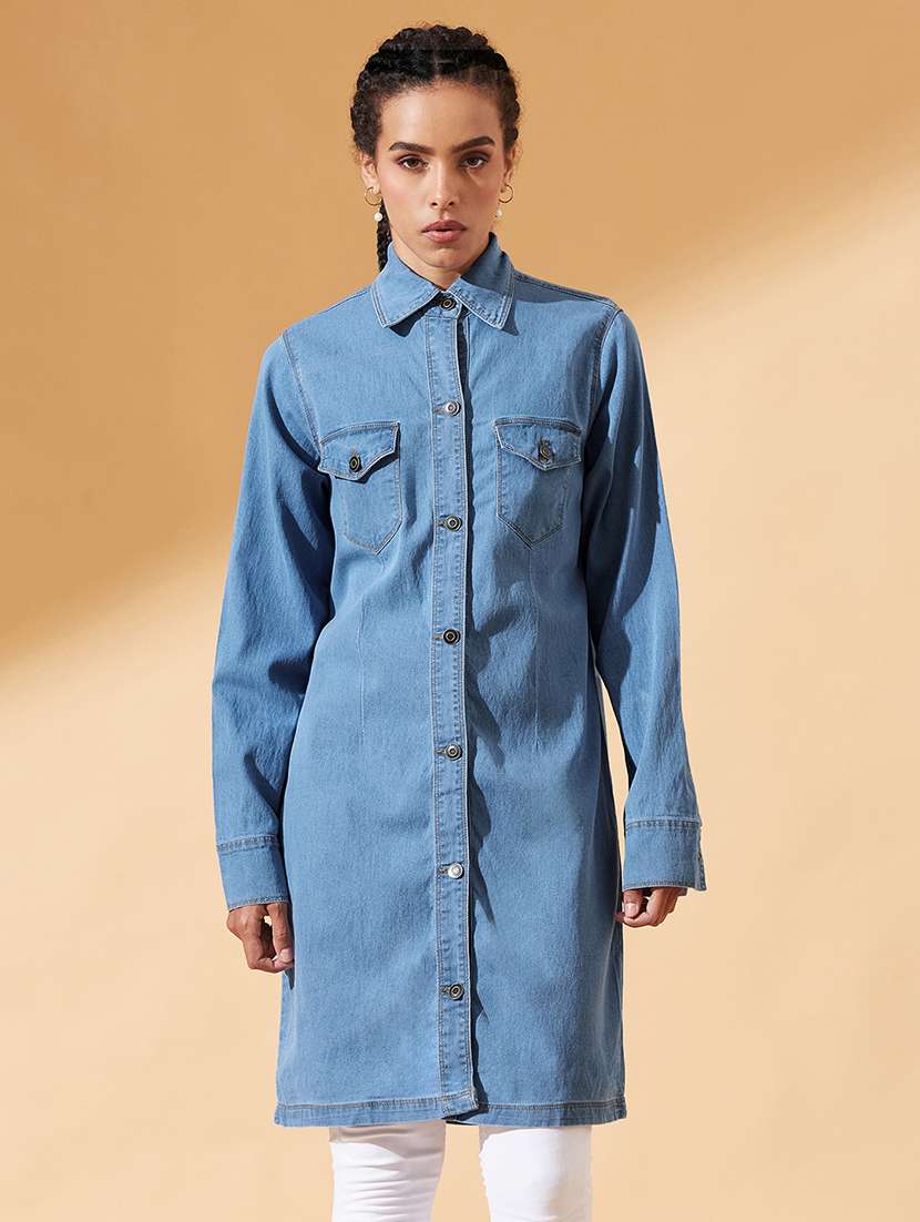 women solid collared long sleeve long denim jacket