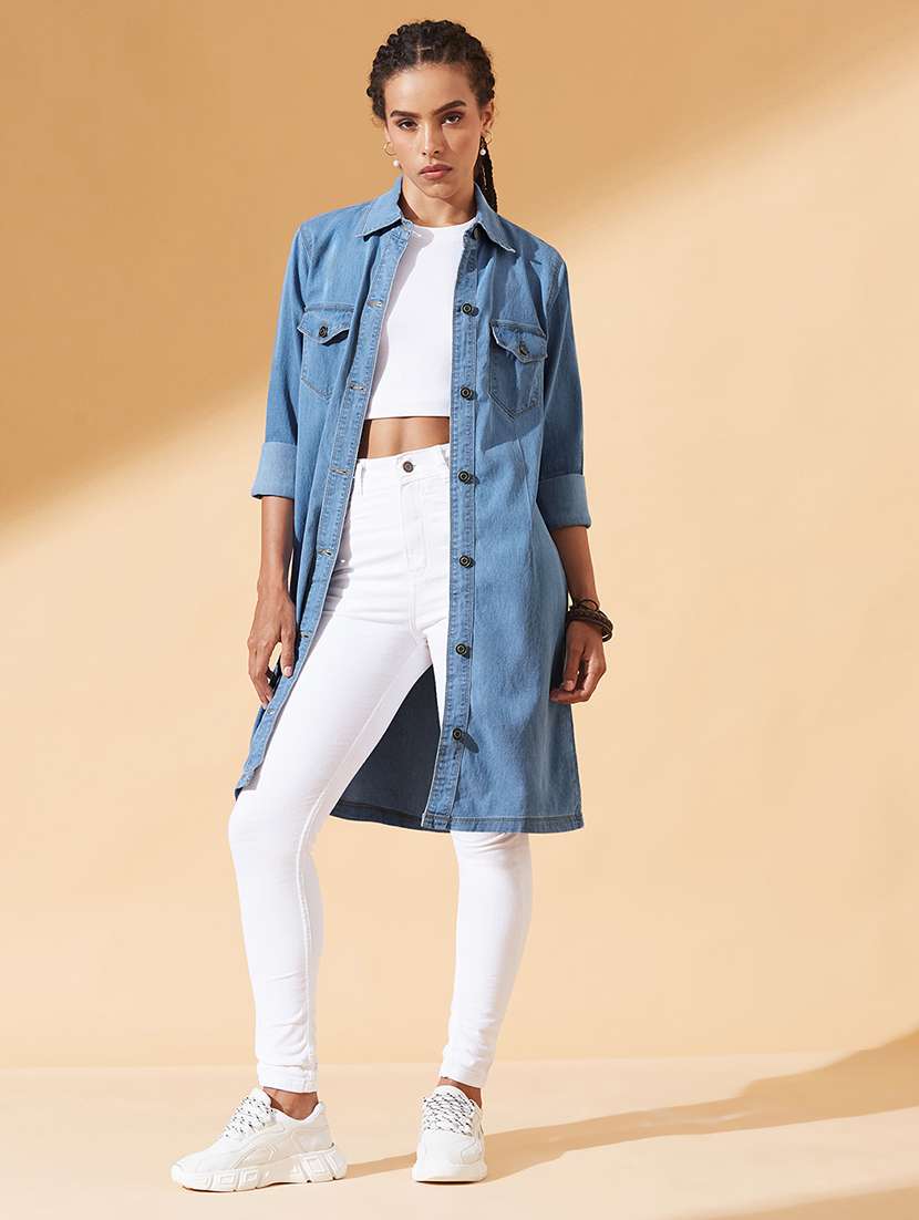 women solid collared long sleeve long denim jacket - 22385250 -  Standard Image - 3