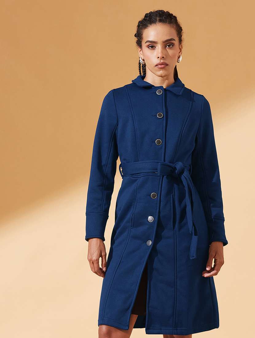 women solid long sleeve collared trench coat