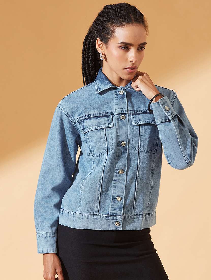 women solid long sleeve denim jacket