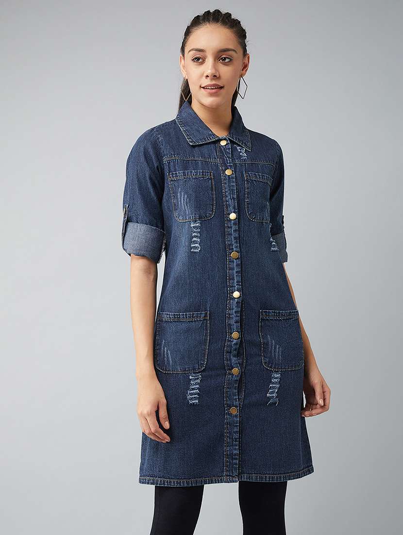 women distressed roll-up sleeve long denim jacket