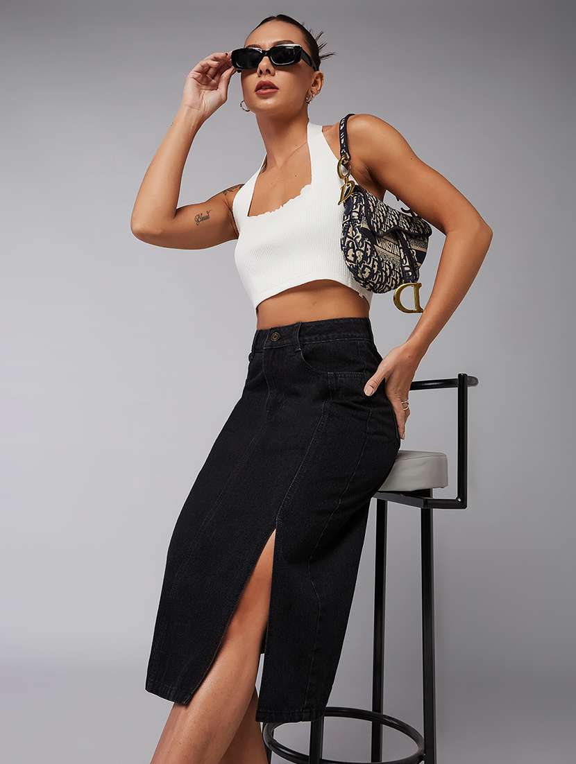 women solid high rise denim straight skirt - 22385254 -  Standard Image - 3