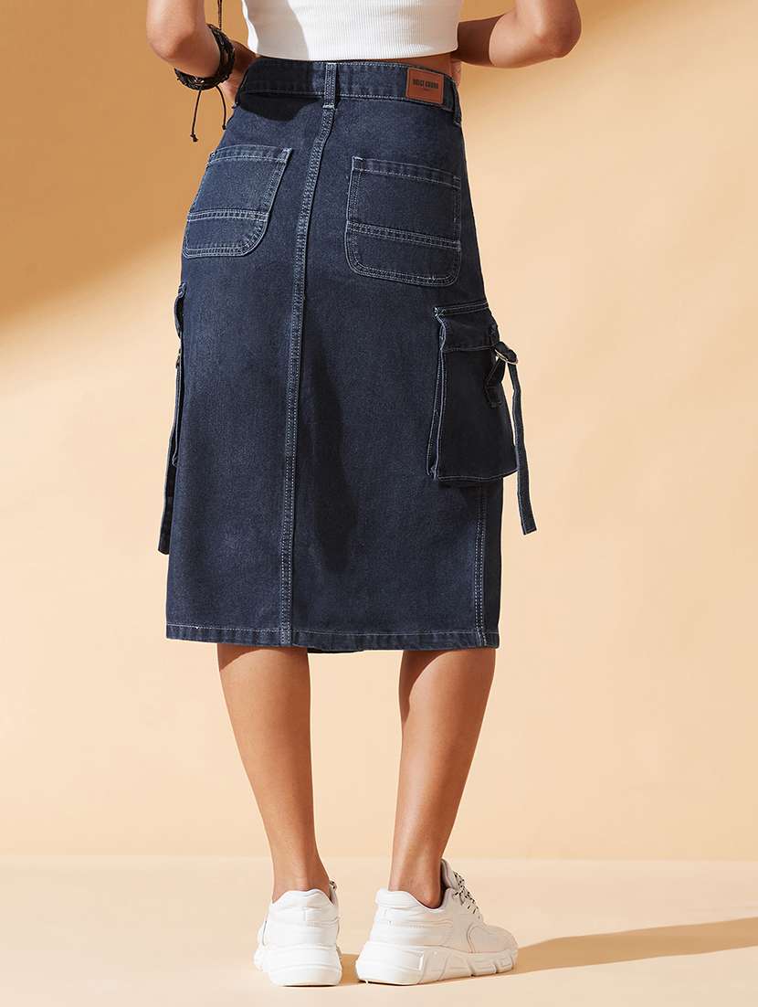 women solid high rise denim cargo skirt - 22385256 -  Standard Image - 3