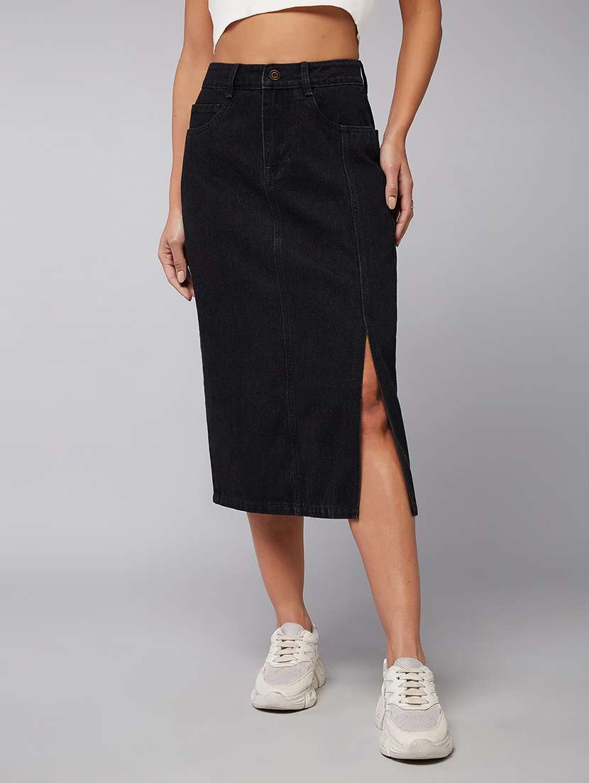 women solid high rise denim straight skirt