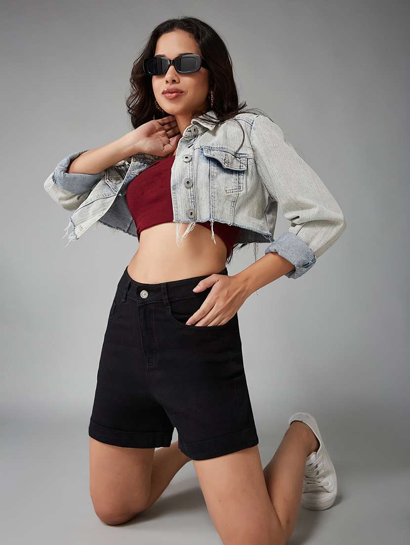 women solid high rise denim shorts - 22385264 -  Standard Image - 3