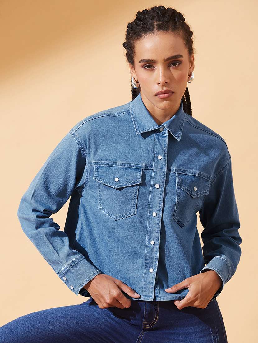 women solid collared long sleeve denim shirt
