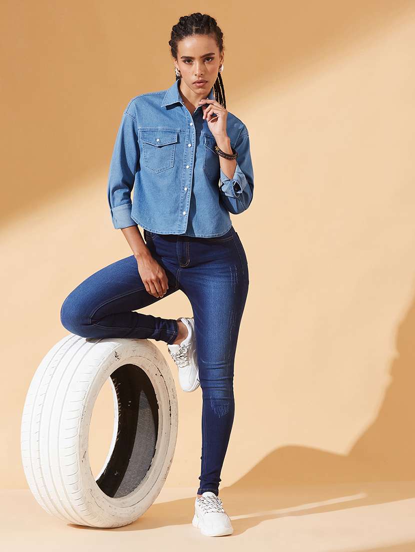 women solid collared long sleeve denim shirt - 22385272 -  Standard Image - 3