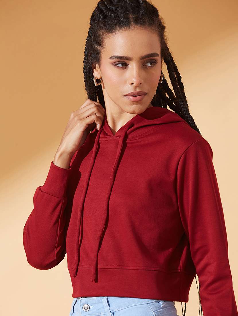 women solid long sleeve hooded crop sweatshirt