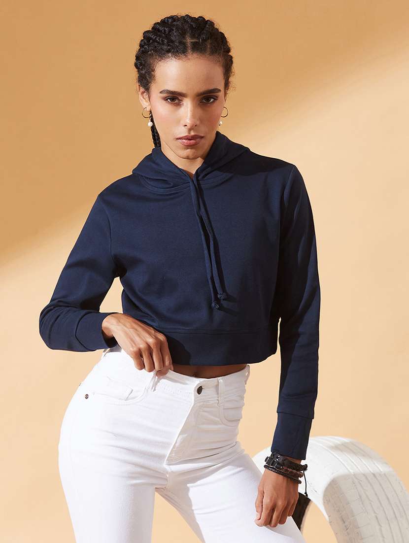 women solid long sleeve hooded crop sweatshirt