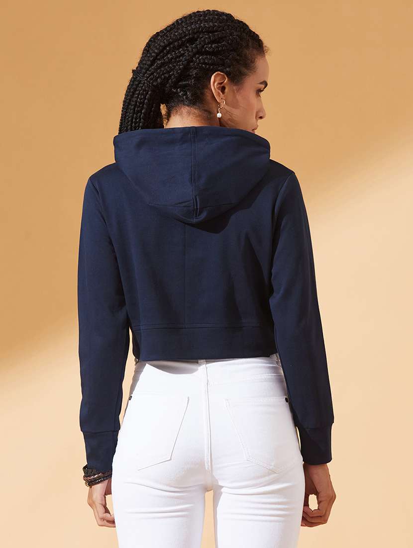 women solid long sleeve hooded crop sweatshirt - 22385274 -  Standard Image - 3