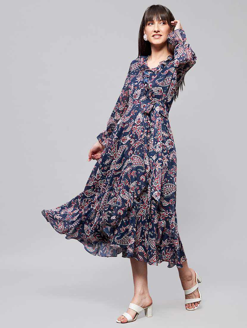 women printed long sleeve wrap dress