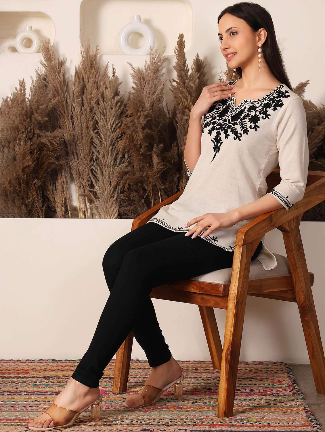 women solid with work three quarter sleeve straight kurti - 22385293 -  Standard Image - 5