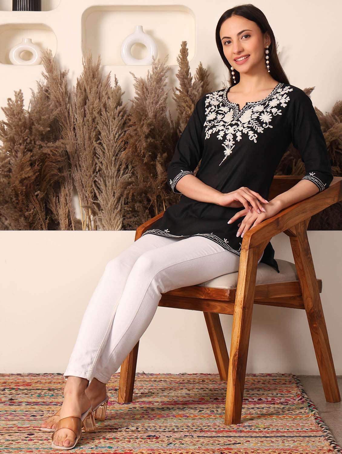 women solid with work three quarter sleeve straight kurti - 22385294 -  Standard Image - 5