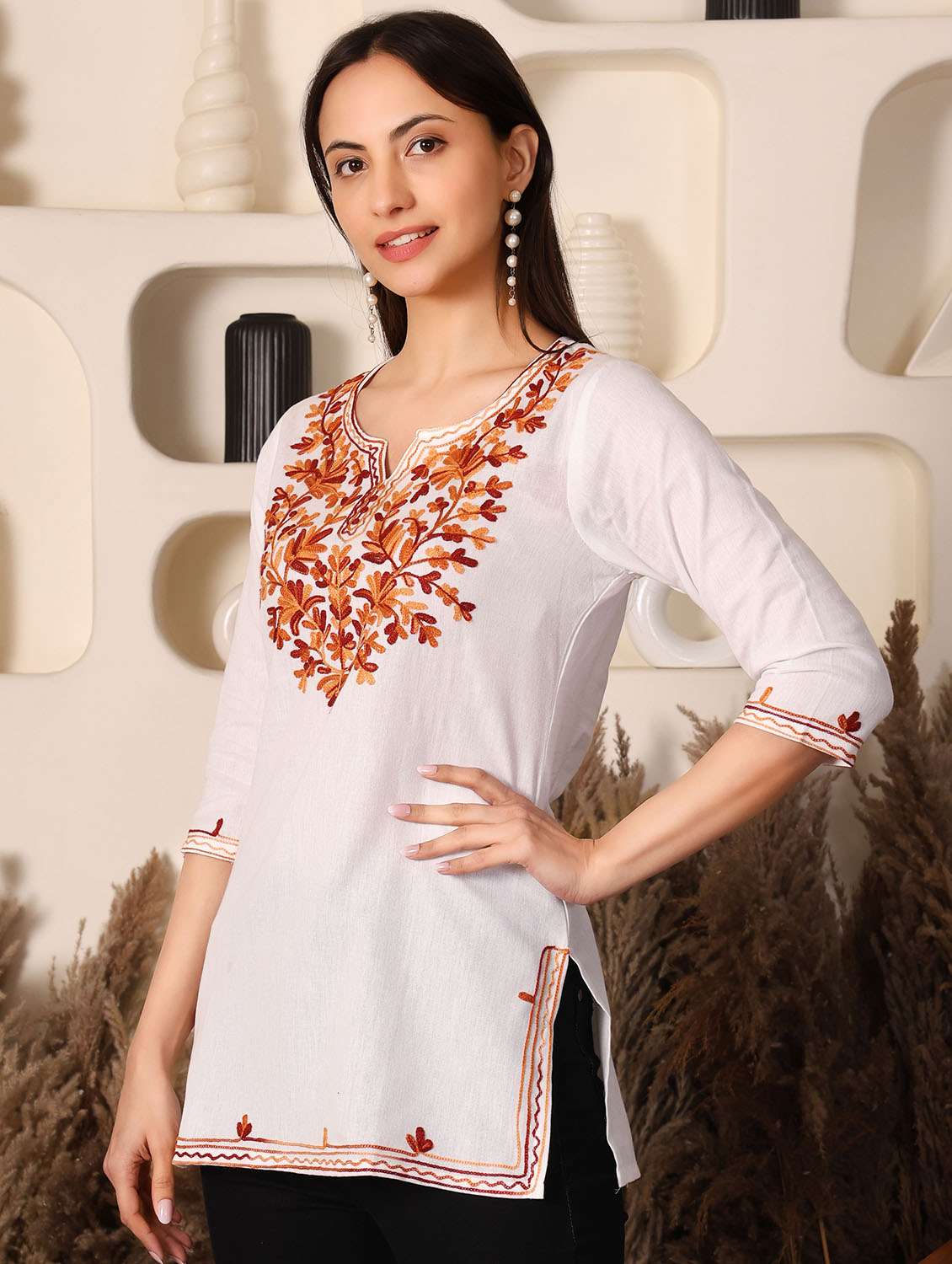 women solid with work three quarter sleeve straight kurti - 22385296 -  Standard Image - 3