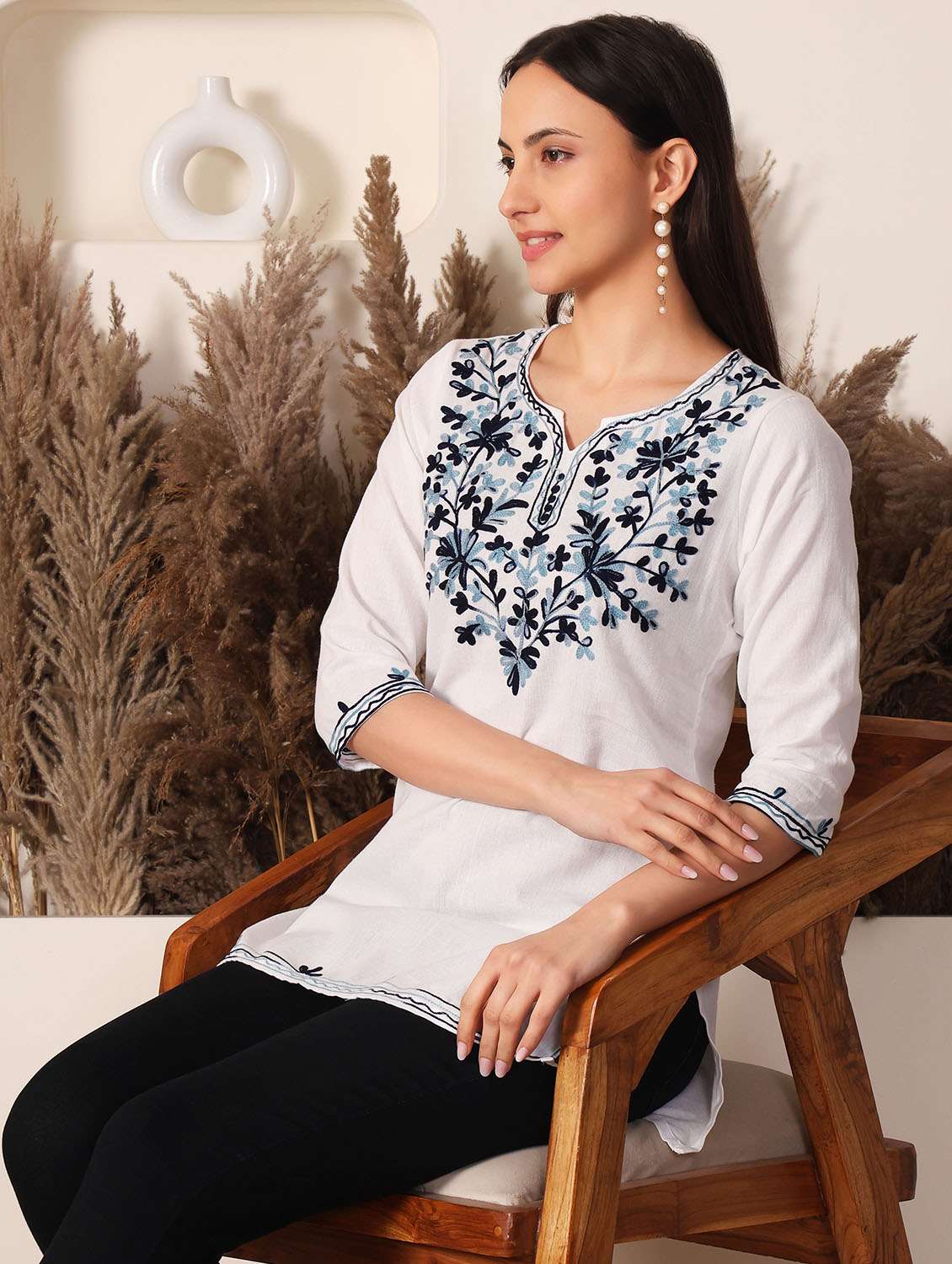 women solid with work three quarter sleeve straight kurti - 22385297 -  Standard Image - 3