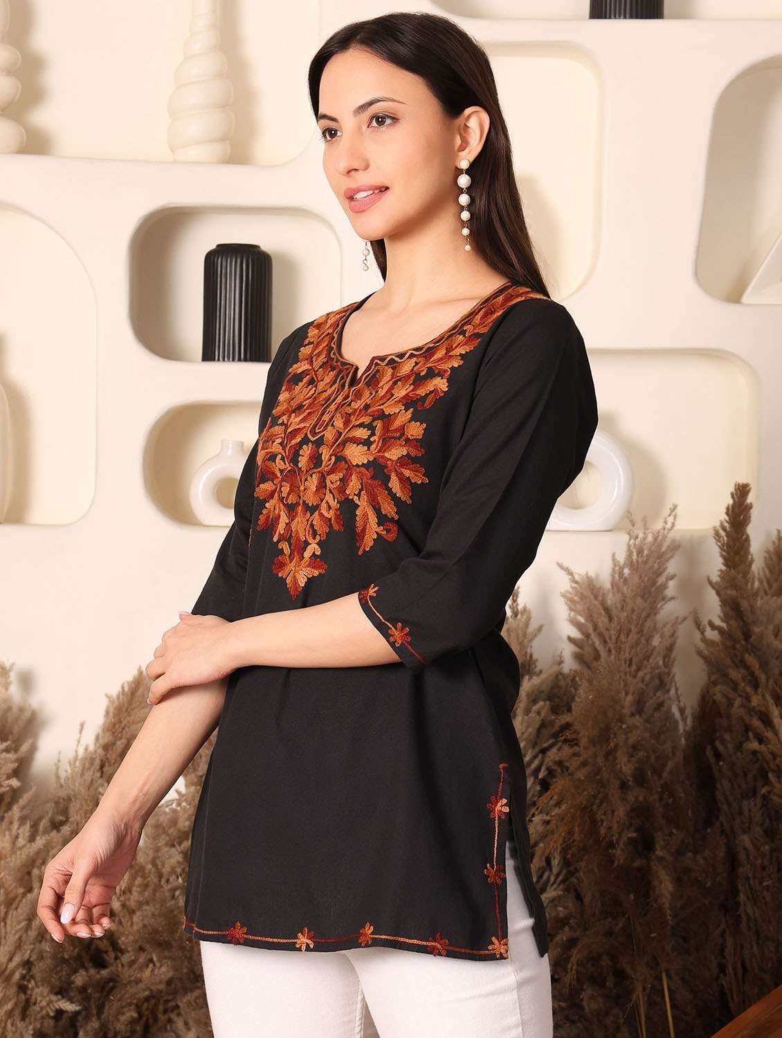 women solid with work three quarter sleeve straight kurti - 22385298 -  Standard Image - 3