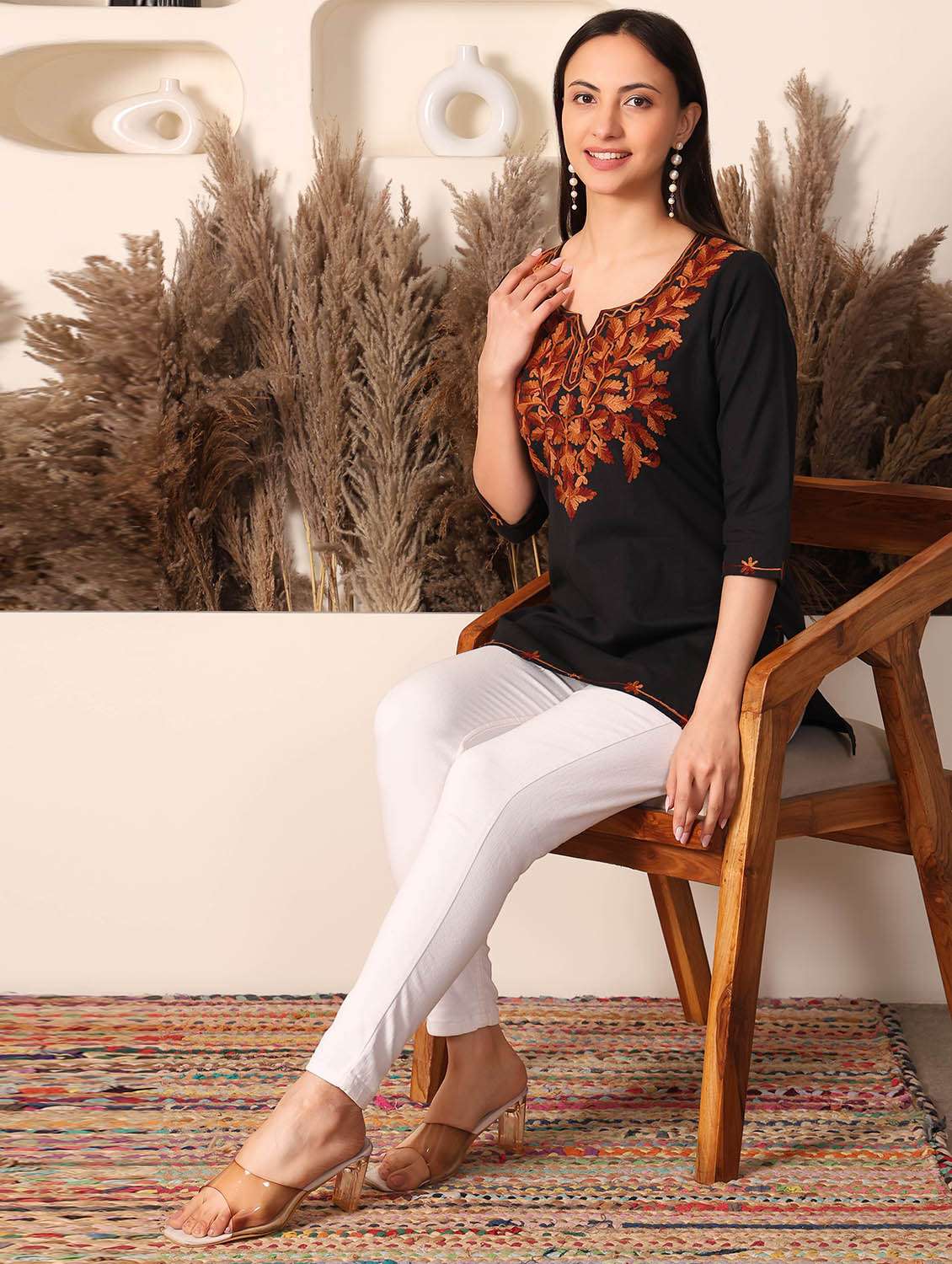 women solid with work three quarter sleeve straight kurti - 22385298 -  Standard Image - 5