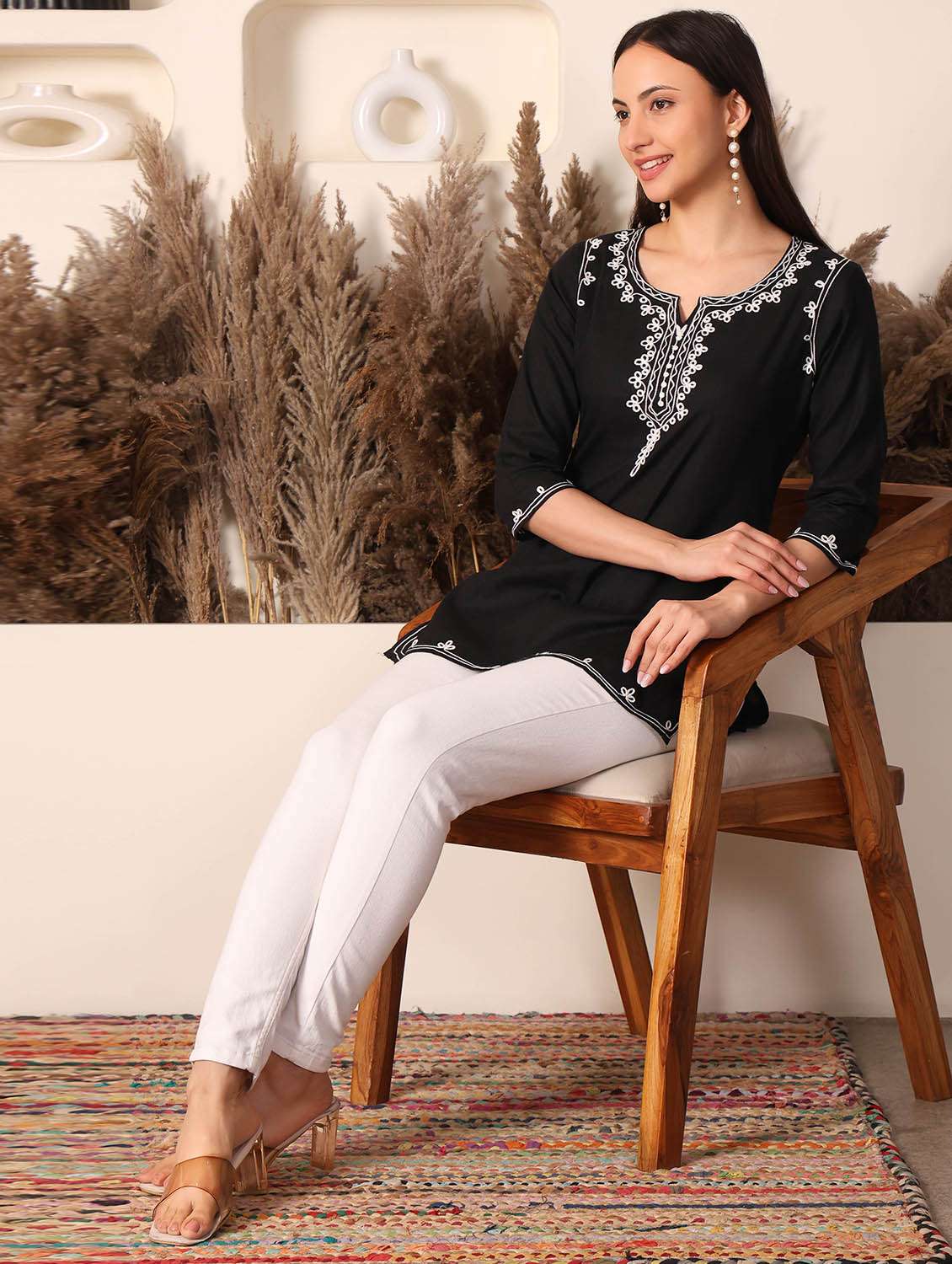 women solid with work notch neck straight kurti - 22385303 -  Standard Image - 5