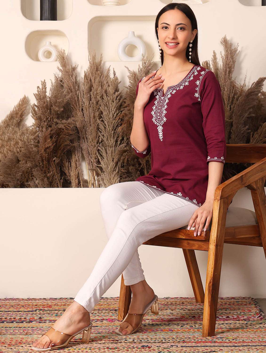 women solid with work notch neck straight kurti - 22385305 -  Standard Image - 5