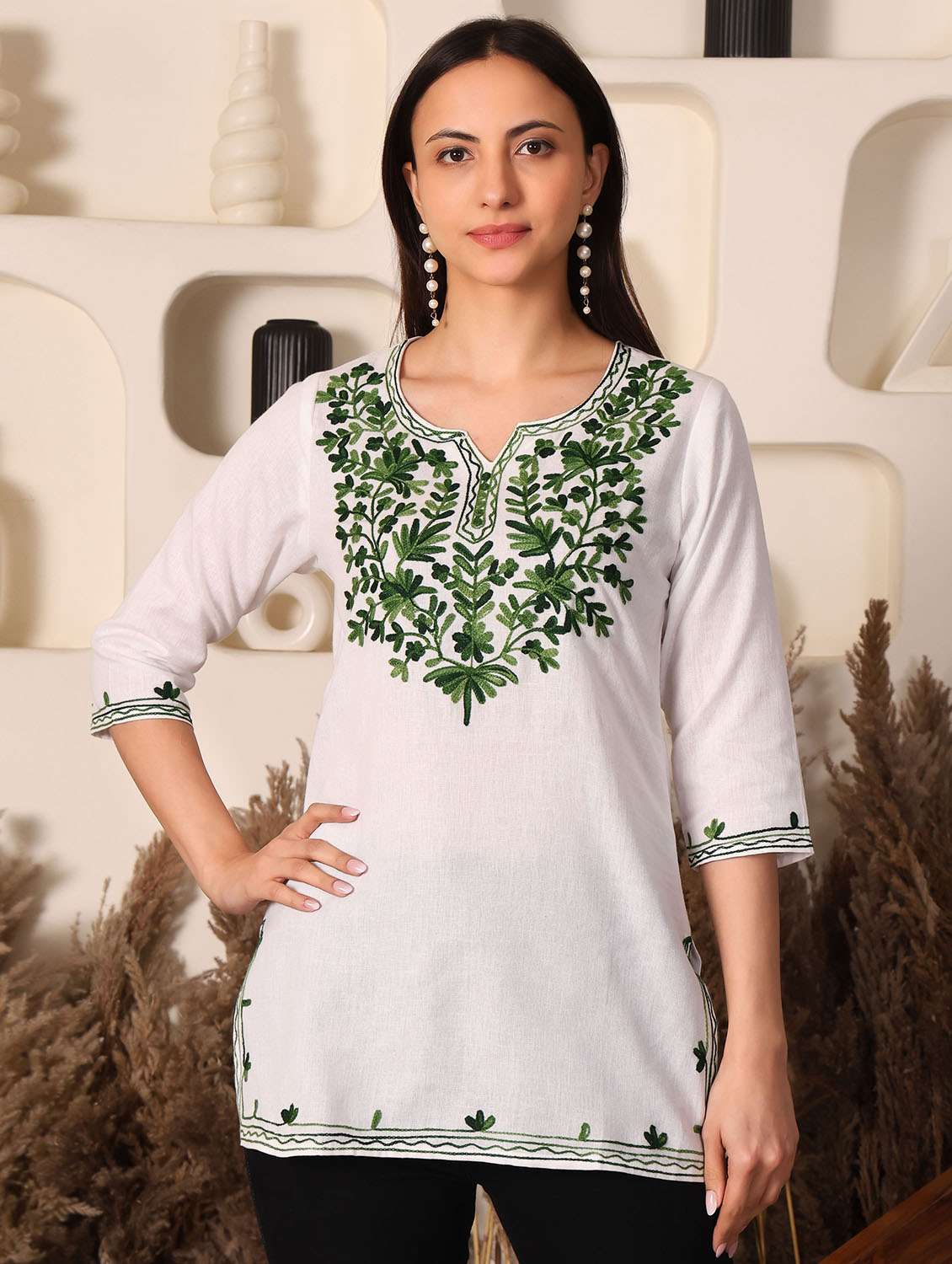 women solid with work notch neck straight kurti