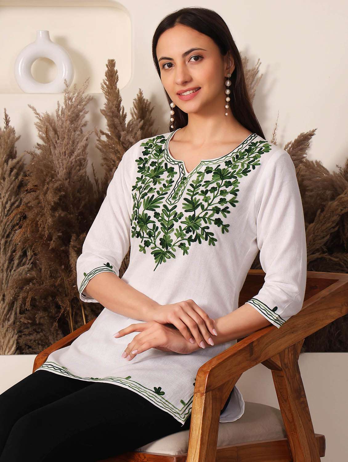 women solid with work notch neck straight kurti - 22385306 -  Standard Image - 3