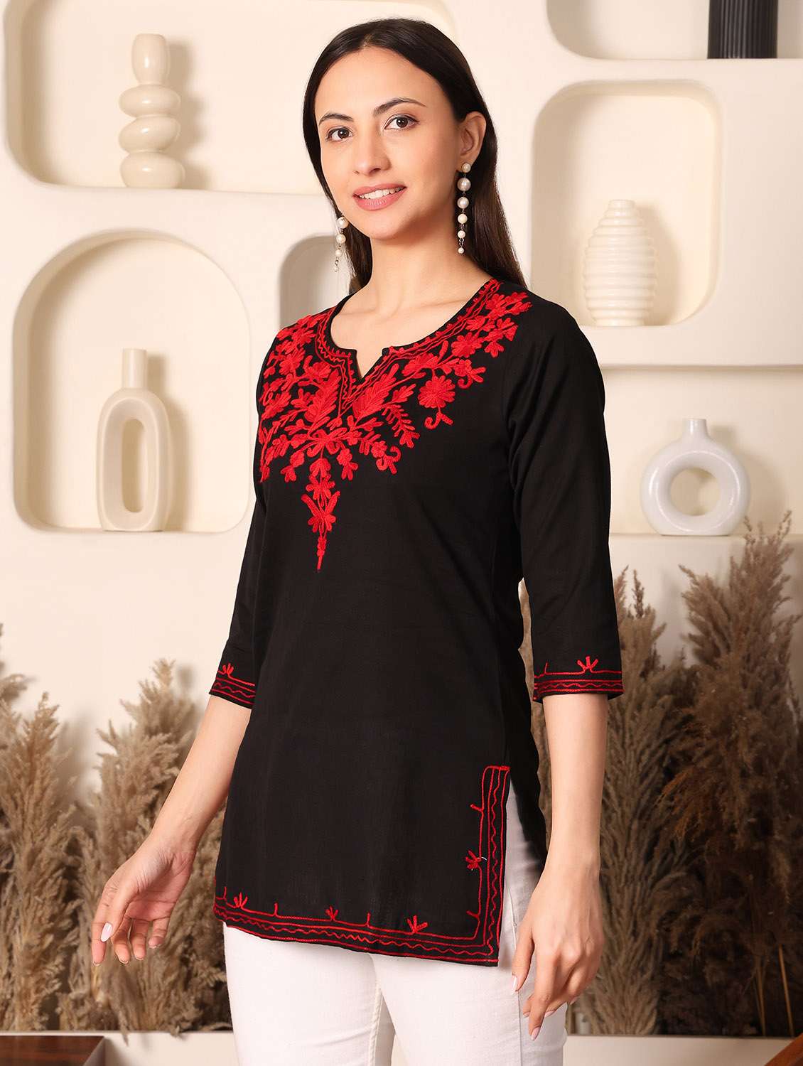 women solid with work notch neck straight kurti - 22385308 -  Standard Image - 3