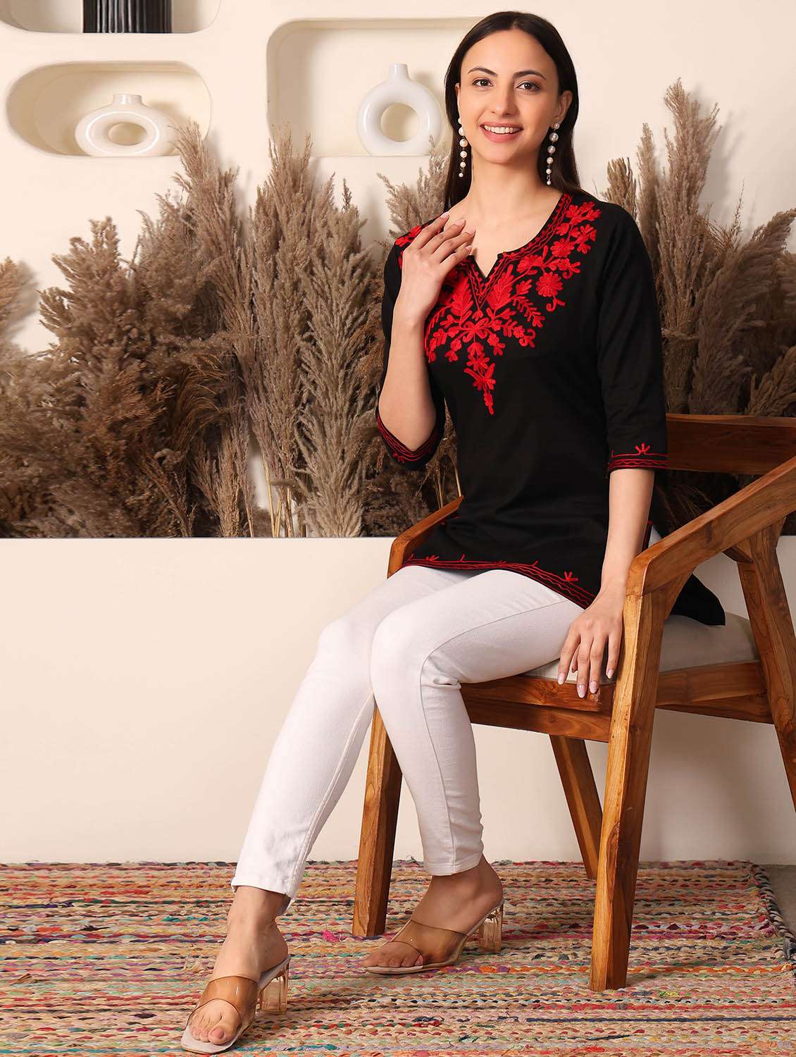 women solid with work notch neck straight kurti - 22385308 -  Standard Image - 5