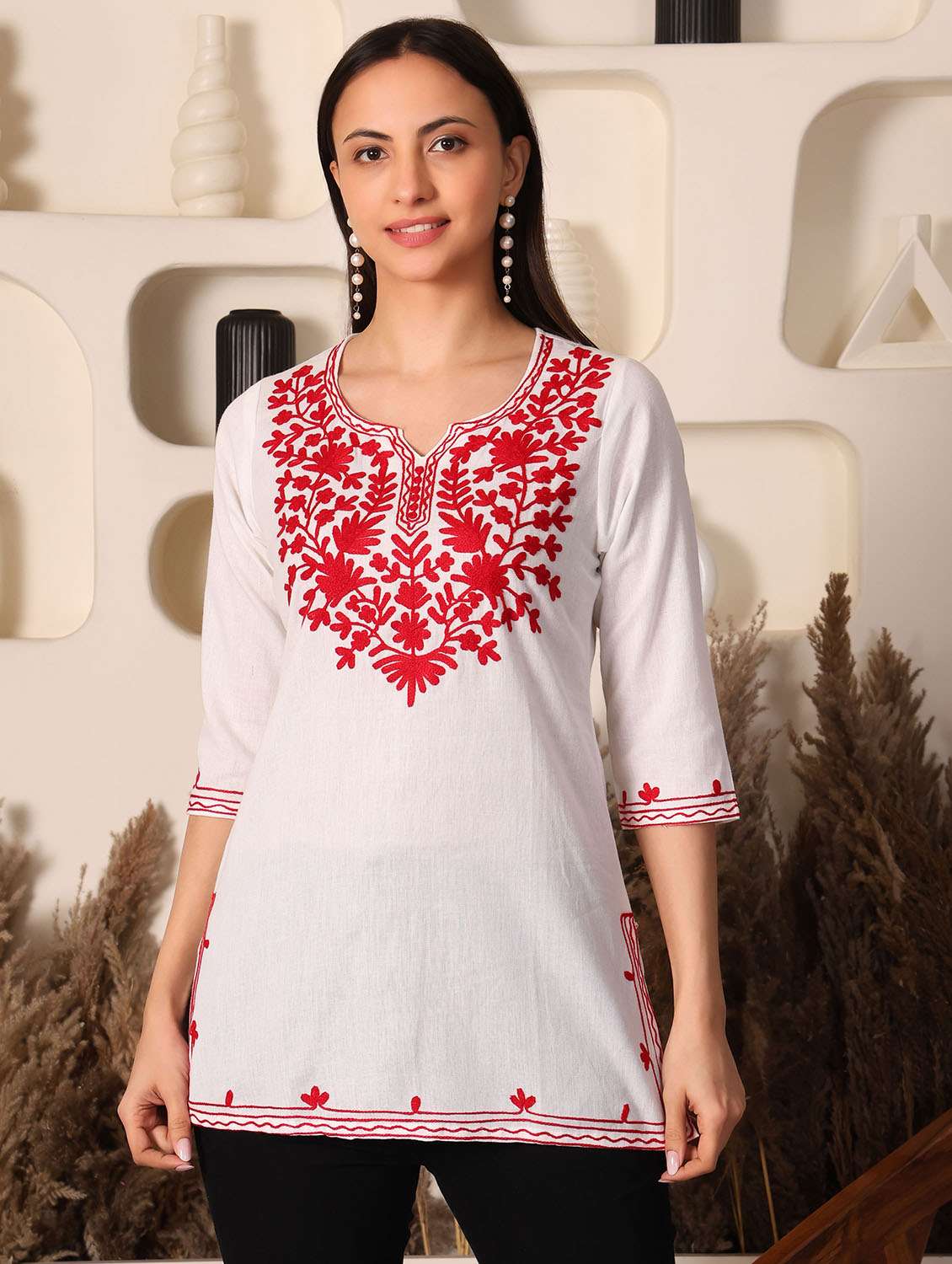women solid with work notch neck straight kurti