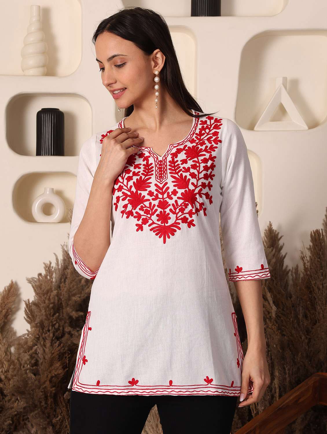 women solid with work notch neck straight kurti - 22385309 -  Standard Image - 3