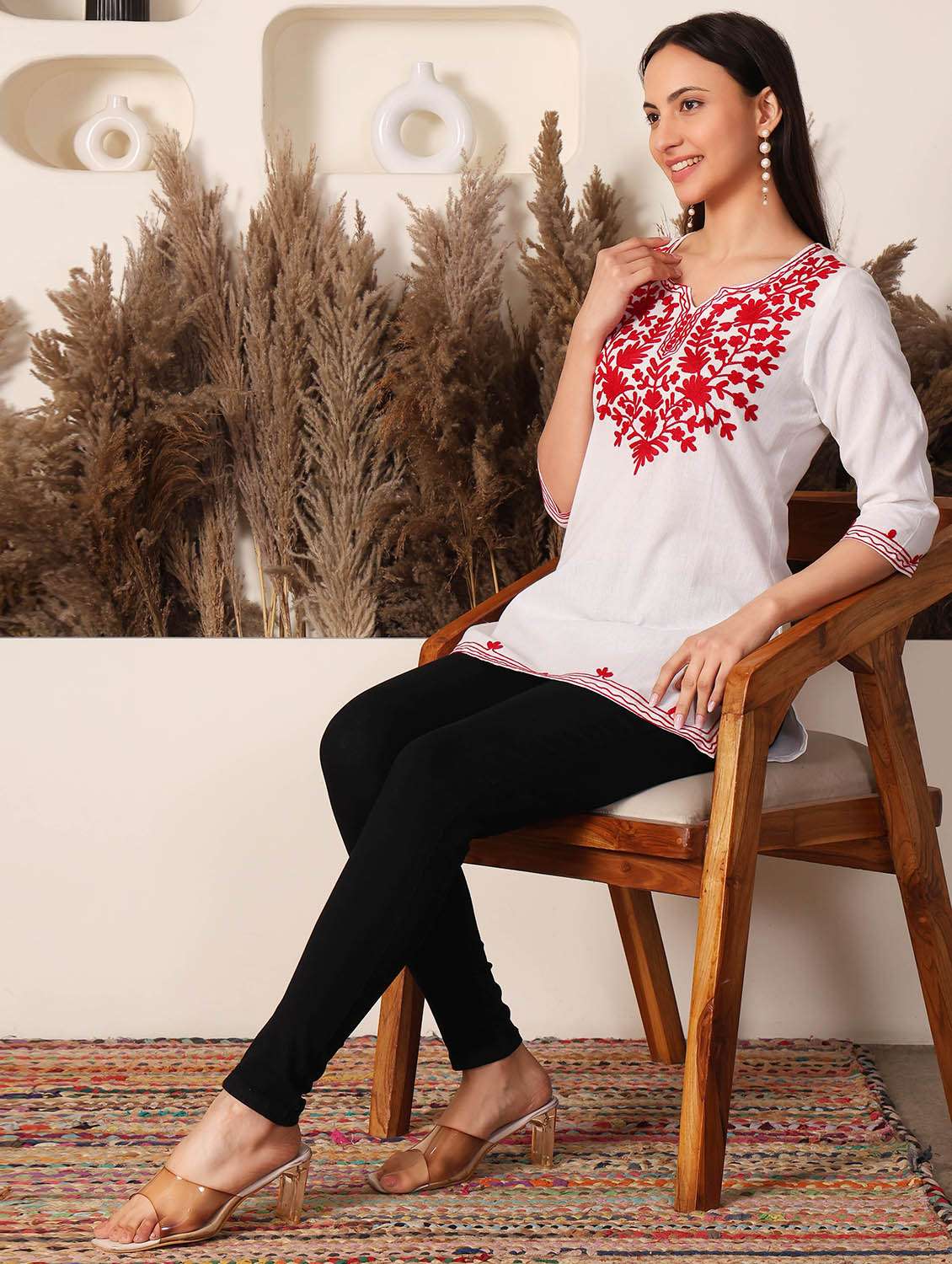 women solid with work notch neck straight kurti - 22385309 -  Standard Image - 5