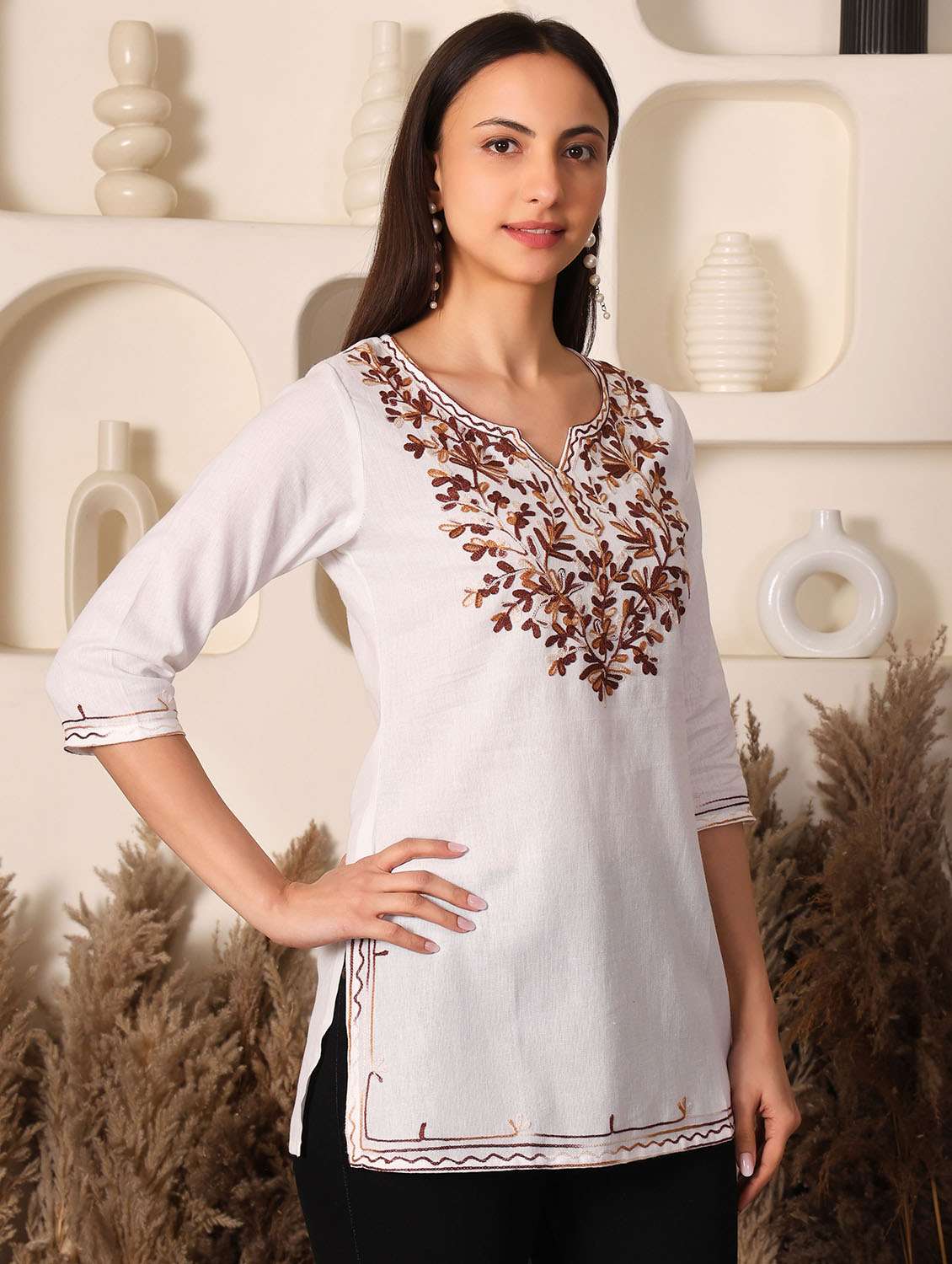 women solid with work notch neck straight kurti - 22385310 -  Standard Image - 3